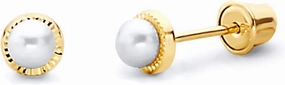 14k Yellow Gold 3mm Freshwater Cultured Pearl Diamond Cut Round Stud Earrings with Screw Back