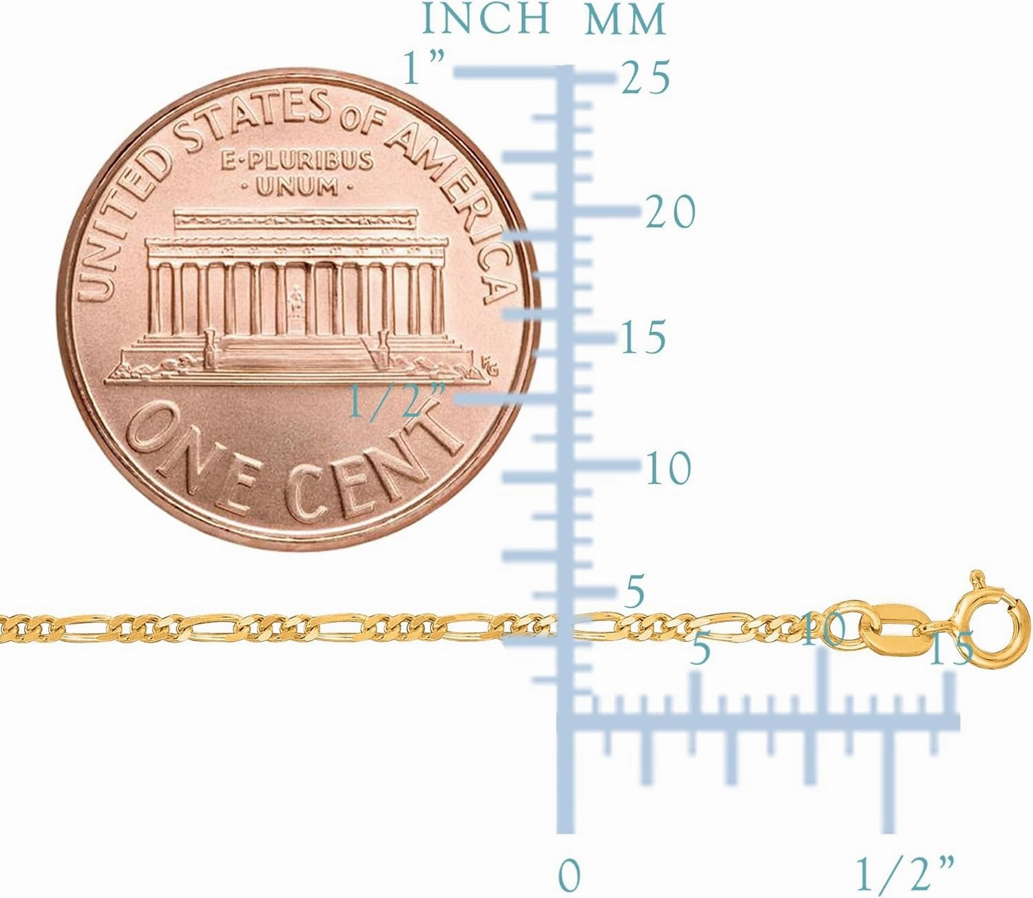 14k Yellow Solid Gold Figaro Chain Necklace, 1.3mm
