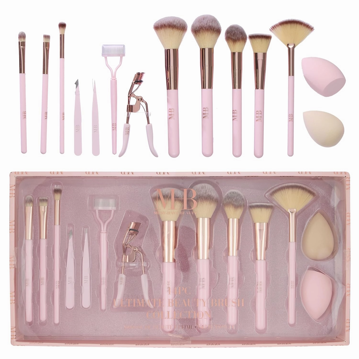 14pc Ultimate Beauty Brush Collection -Full Makeup Brush, Eyelash Curler, Tweezer and Sponge Set for Flawless Results | Professional Cosmetic Brushes (ROSE GOLD)