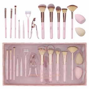 14pc Ultimate Beauty Brush Collection -Full Makeup Brush, Eyelash Curler, Tweezer and Sponge Set for Flawless Results | Professional Cosmetic Brushes (ROSE GOLD)