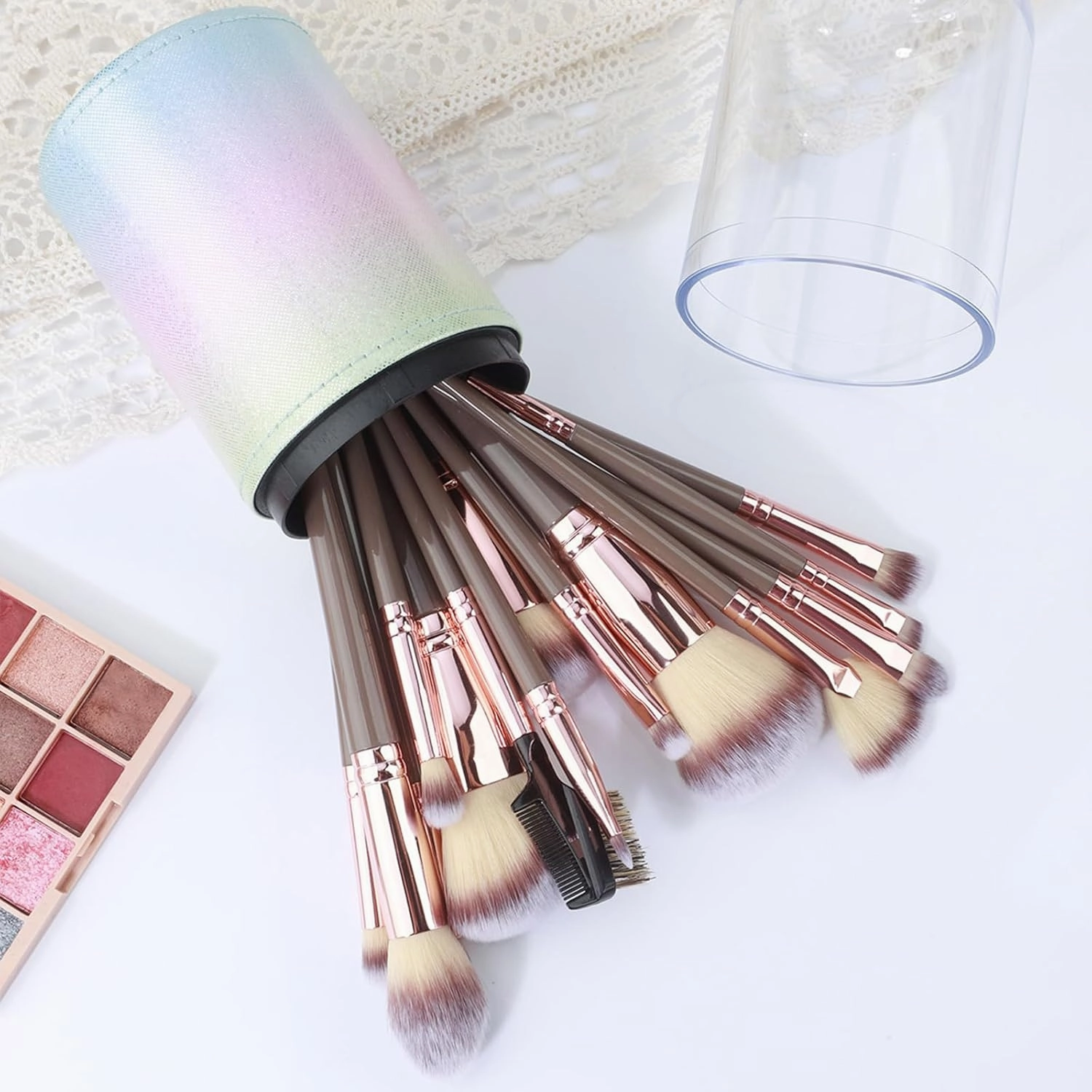 15-piece Makeup Brush Set with Case, Dense Synthetic Fiber Premium Metal Ferrule Wood Handle Kabuki Brushes, Gifts for Her (14 brushes   buckets)