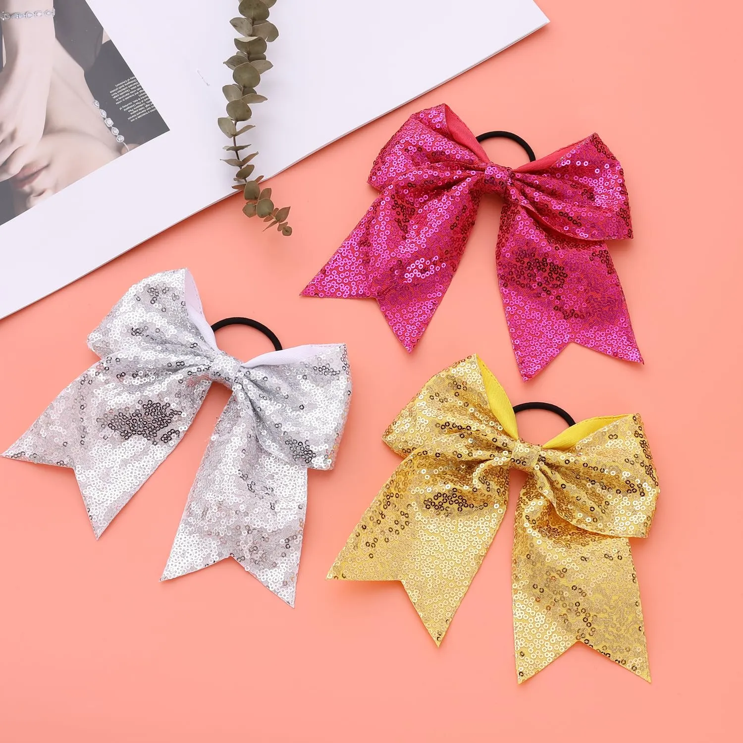 16 PCS Large Glitter Cheer Hair Bows, Shiny Cheerleading Bows Ponytail Holder for Cheerleader Girls Softball Sports and Christmas Tree Decor (Gold)