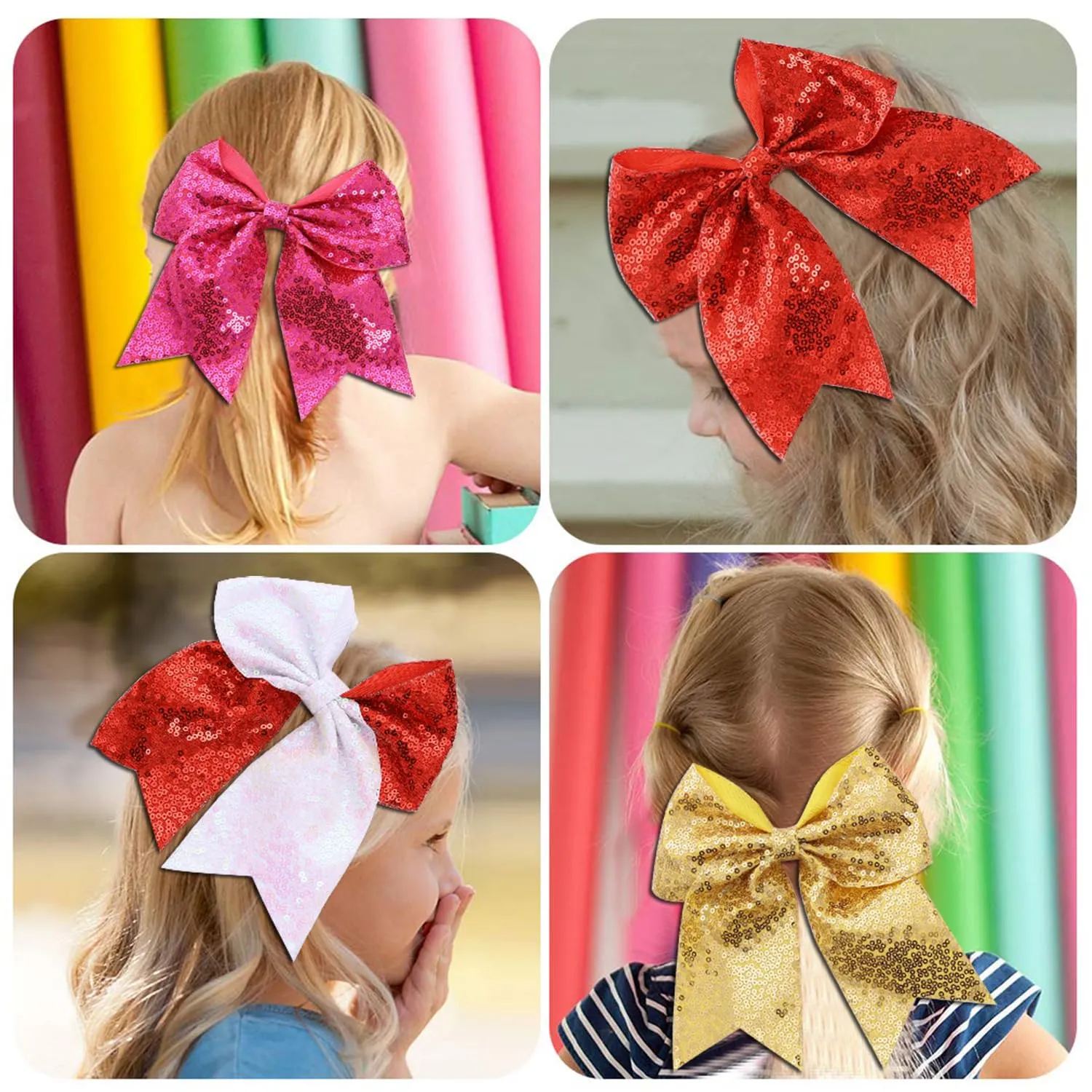 16 PCS Large Glitter Cheer Hair Bows, Shiny Cheerleading Bows Ponytail Holder for Cheerleader Girls Softball Sports and Christmas Tree Decor (Gold)