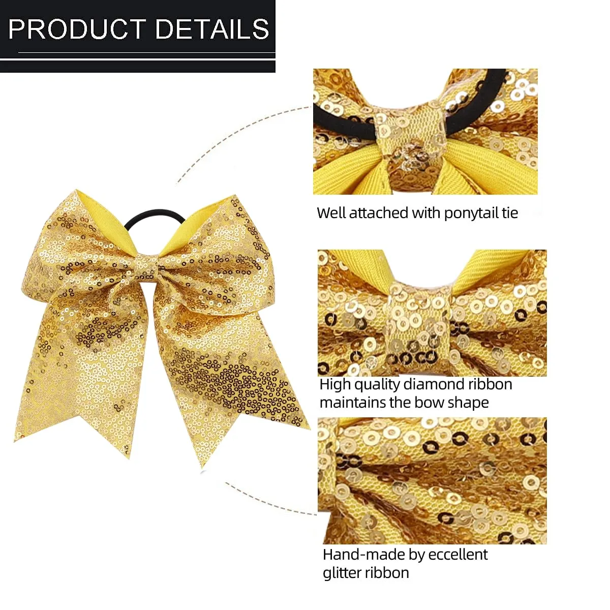 16 PCS Large Glitter Cheer Hair Bows, Shiny Cheerleading Bows Ponytail Holder for Cheerleader Girls Softball Sports and Christmas Tree Decor (Gold)
