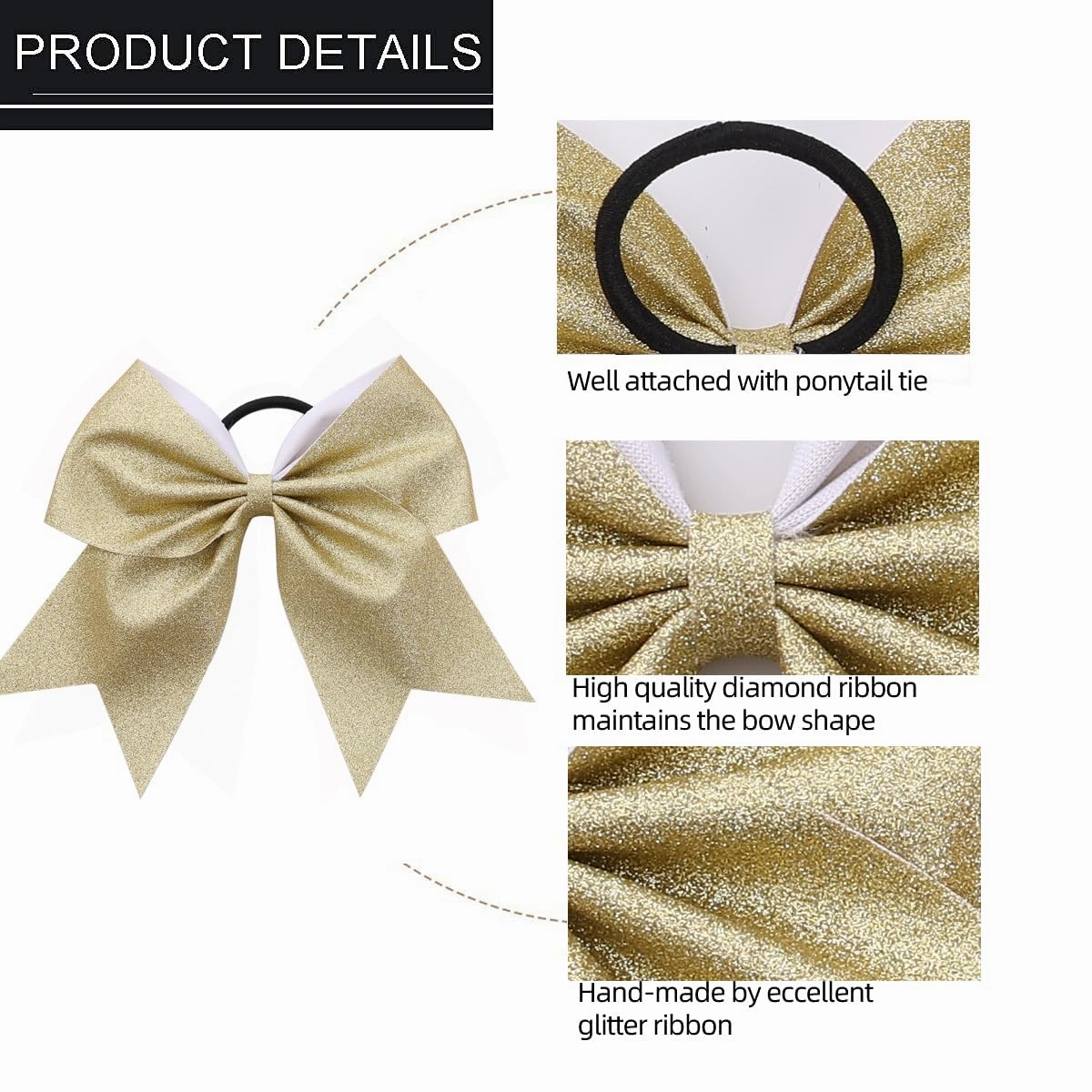 16 PCS Large Gold Glitter Cheer Hair Bows, Shiny Cheerleading Bows Ponytail Holder for Cheerleader Girls Softball Sports and Christmas Tree Decor (Glitter Gold)