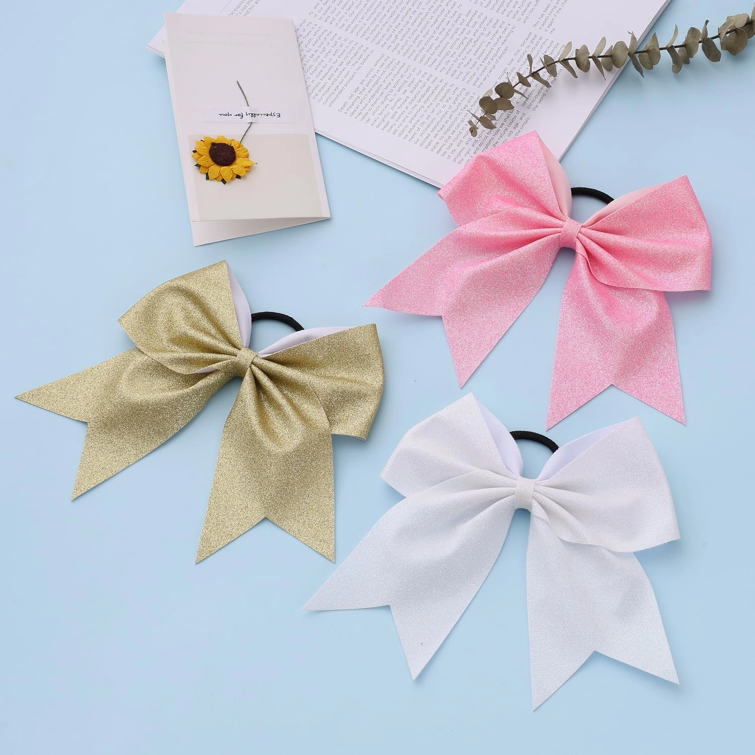 16 PCS Large Gold Glitter Cheer Hair Bows, Shiny Cheerleading Bows Ponytail Holder for Cheerleader Girls Softball Sports and Christmas Tree Decor (Glitter Gold)