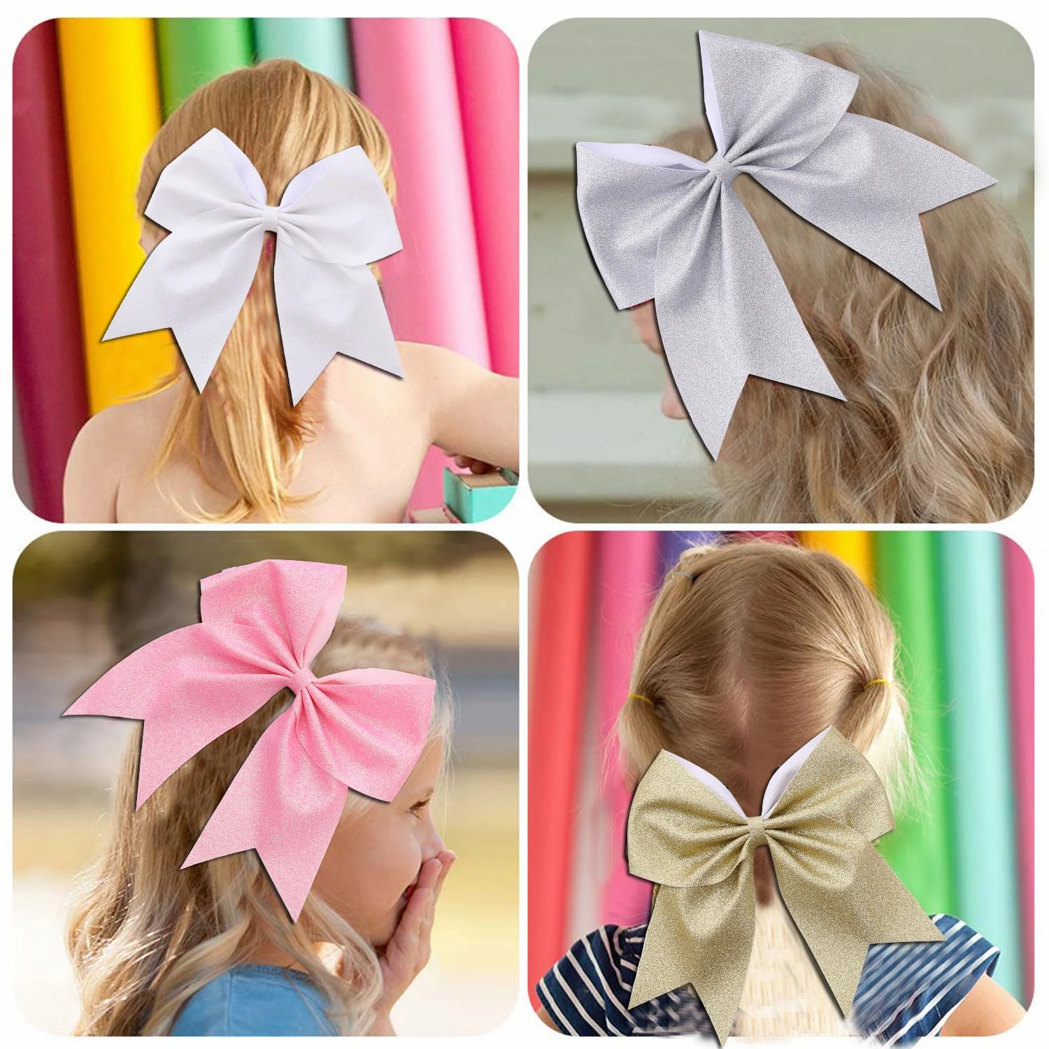 16 PCS Large Gold Glitter Cheer Hair Bows, Shiny Cheerleading Bows Ponytail Holder for Cheerleader Girls Softball Sports and Christmas Tree Decor (Glitter Gold)