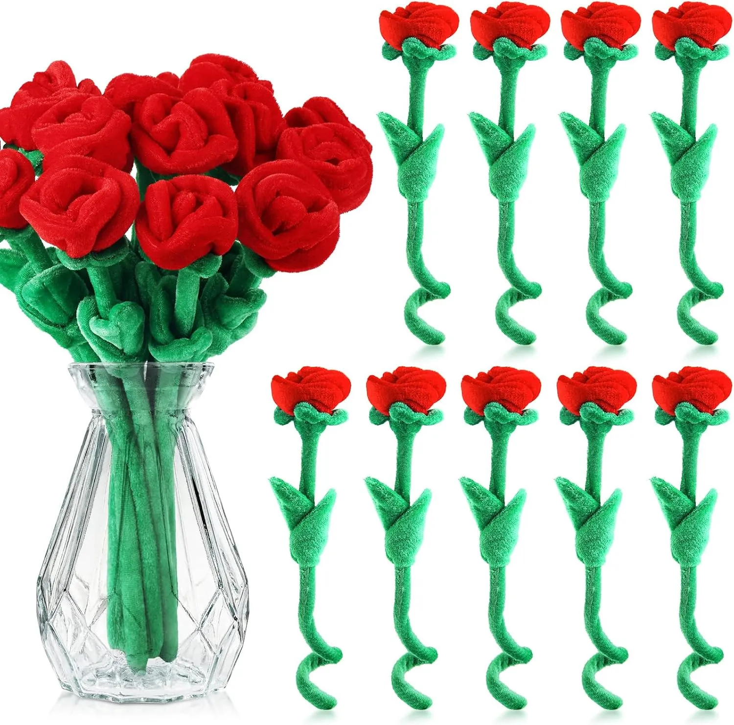18 Pcs Plush Rose Flower Stuffed Bendable Stems Plush Bouquet Toy Soft Floral 12.6 Inch for Graduation 2025 Mother's Day Valentines Day Girl Girlfriend Wife Family and Friends(Red Series)