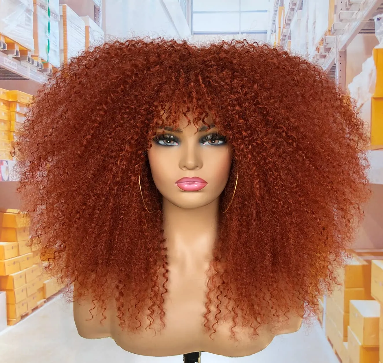 18Inch Long Curly Wig With Bangs for Black Women Afro Bomb Kinky Curly Wig Fluffy and Soft Synthetic Hair（350R）