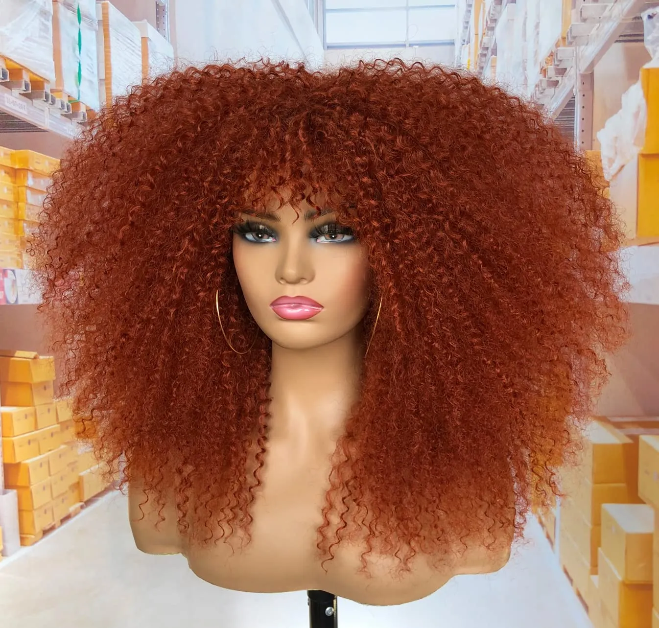 18Inch Long Curly Wig With Bangs for Black Women Afro Bomb Kinky Curly Wig Fluffy and Soft Synthetic Hair（350R）