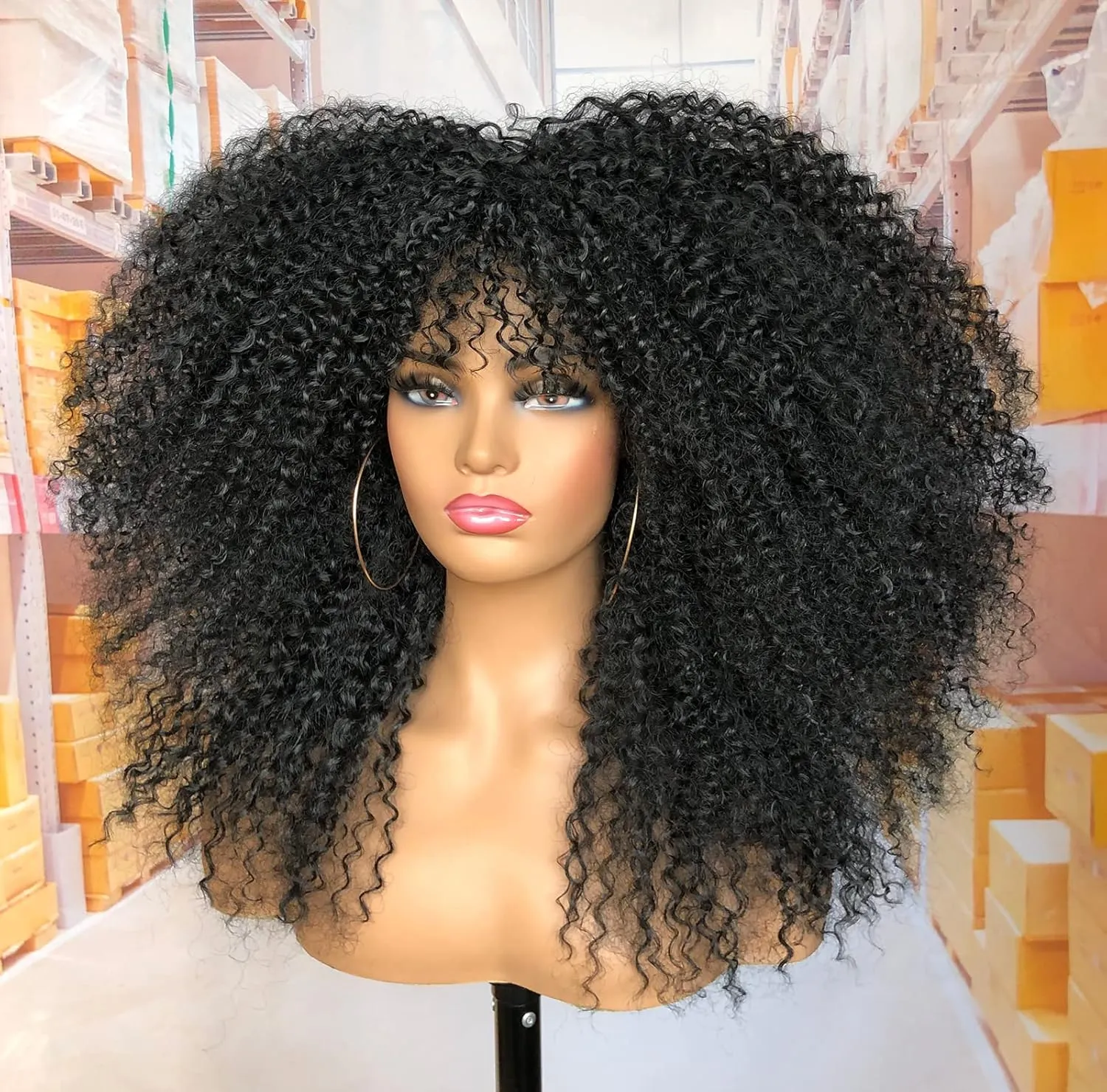 18Inch Long Curly Wig With Bangs for Black Women Afro Bomb Kinky Curly Wig Fluffy and Soft Synthetic Hair（Black）