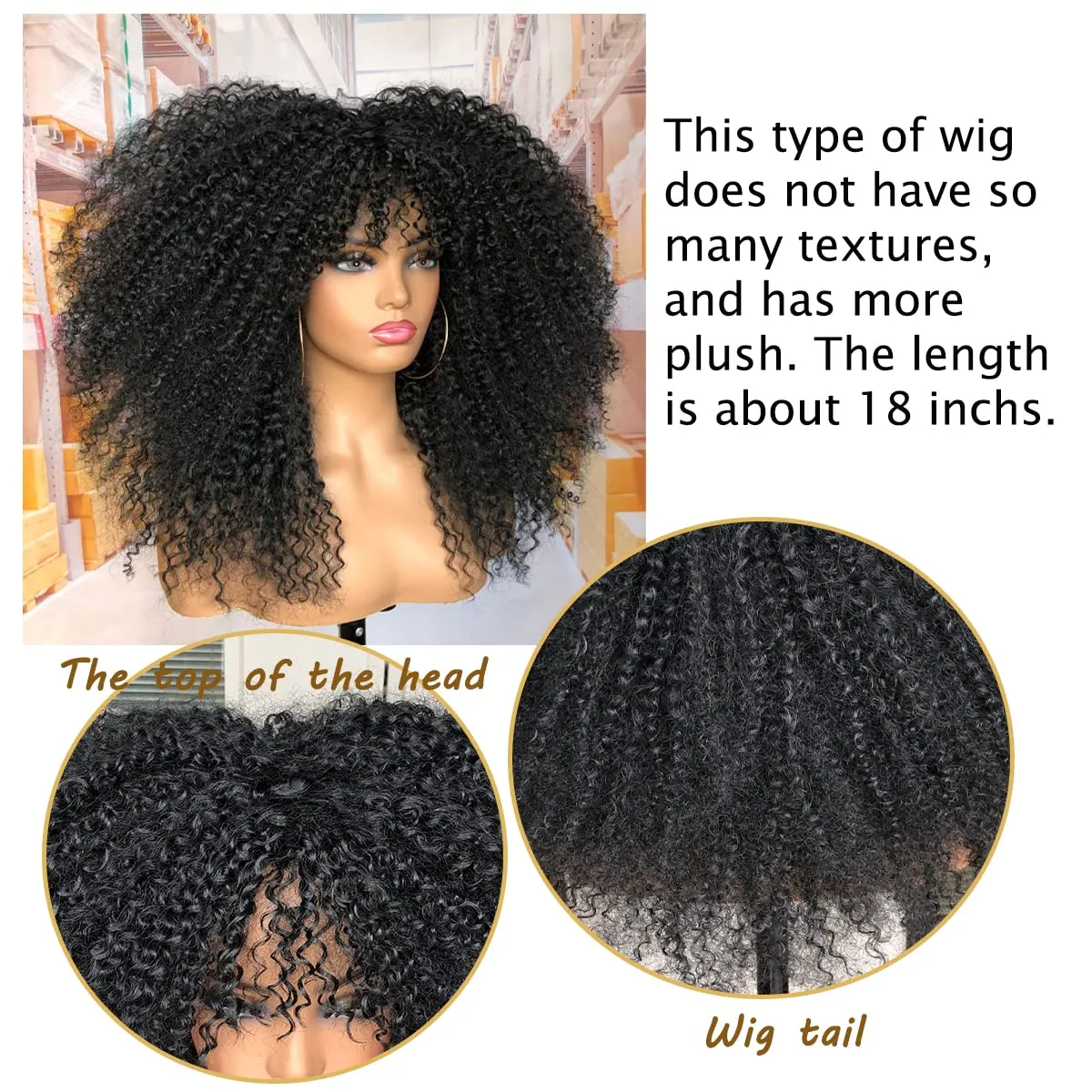 18Inch Long Curly Wig With Bangs for Black Women Afro Bomb Kinky Curly Wig Fluffy and Soft Synthetic Hair（Black）
