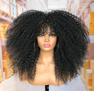 18Inch Long Curly Wig With Bangs for Black Women Afro Bomb Kinky Curly Wig Fluffy and Soft Synthetic Hair（Black）