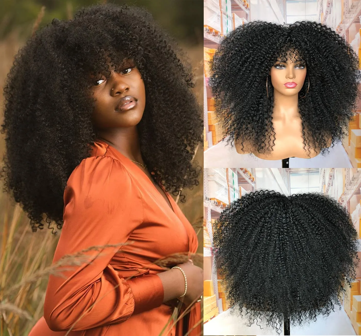 18Inch Long Curly Wig With Bangs for Black Women Afro Bomb Kinky Curly Wig Fluffy and Soft Synthetic Hair（Black）
