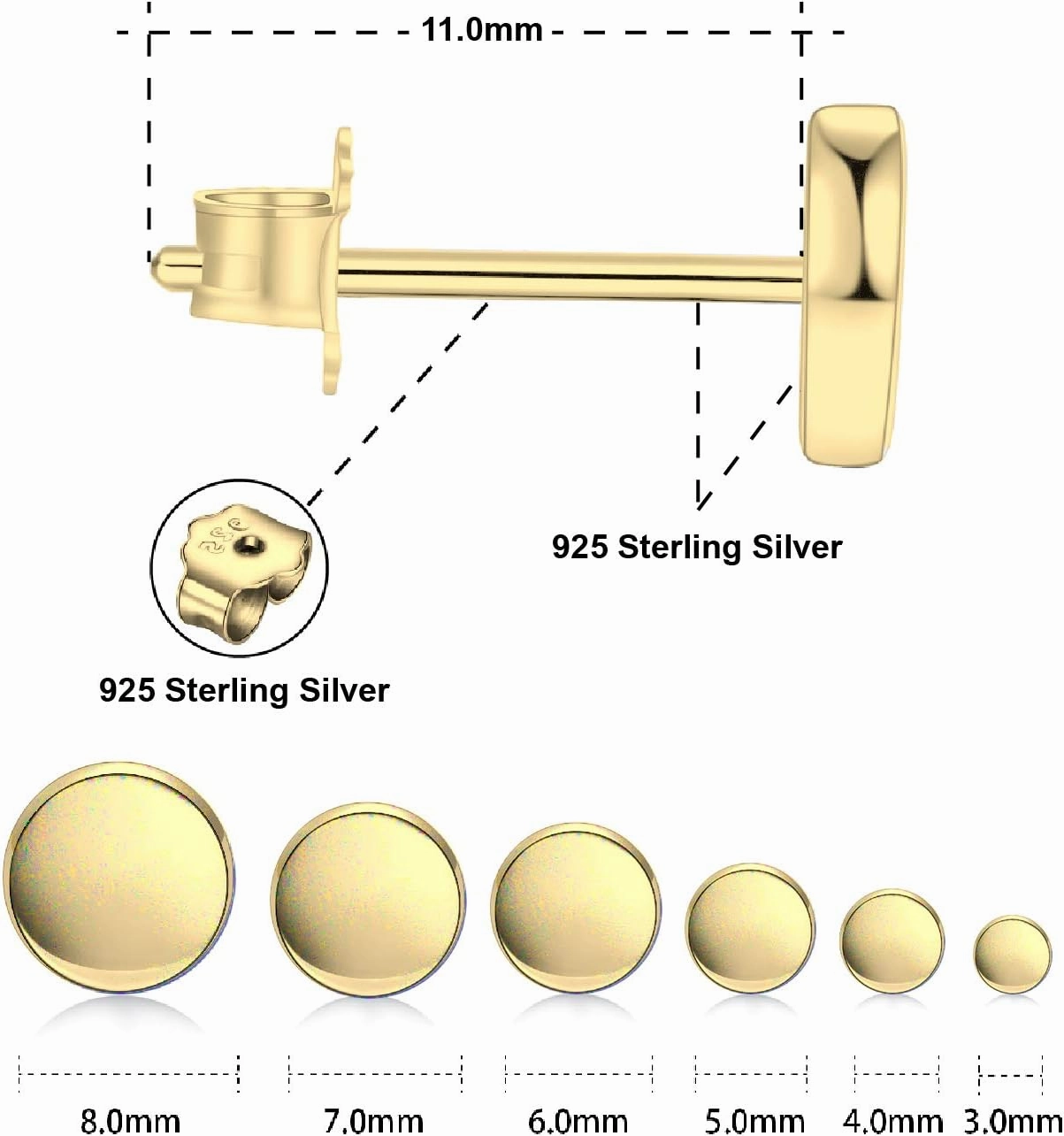 18K Gold Plated Sterling Silver Dot Stud Earrings 3mm-10mm Options, Flat Round Disc Studs Hypoallergenic Jewelry