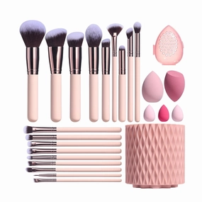 18Pcs Makeup Brushes Premium Synthetic Foundation Powder Concealers Eye Shadows Brush with 5 sponge Lip Brushes Eye Brushes Blending Sponges, Brush Guide & Holder Sponge Case (PInk)