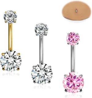 1PC G23 Titanium Belly Button Rings 14G 1.6MM Round Cubic Zirconia Belly Rings 6 Sizes of Length to Choose Navel Barbell Belly Piercing Jewelry for Women