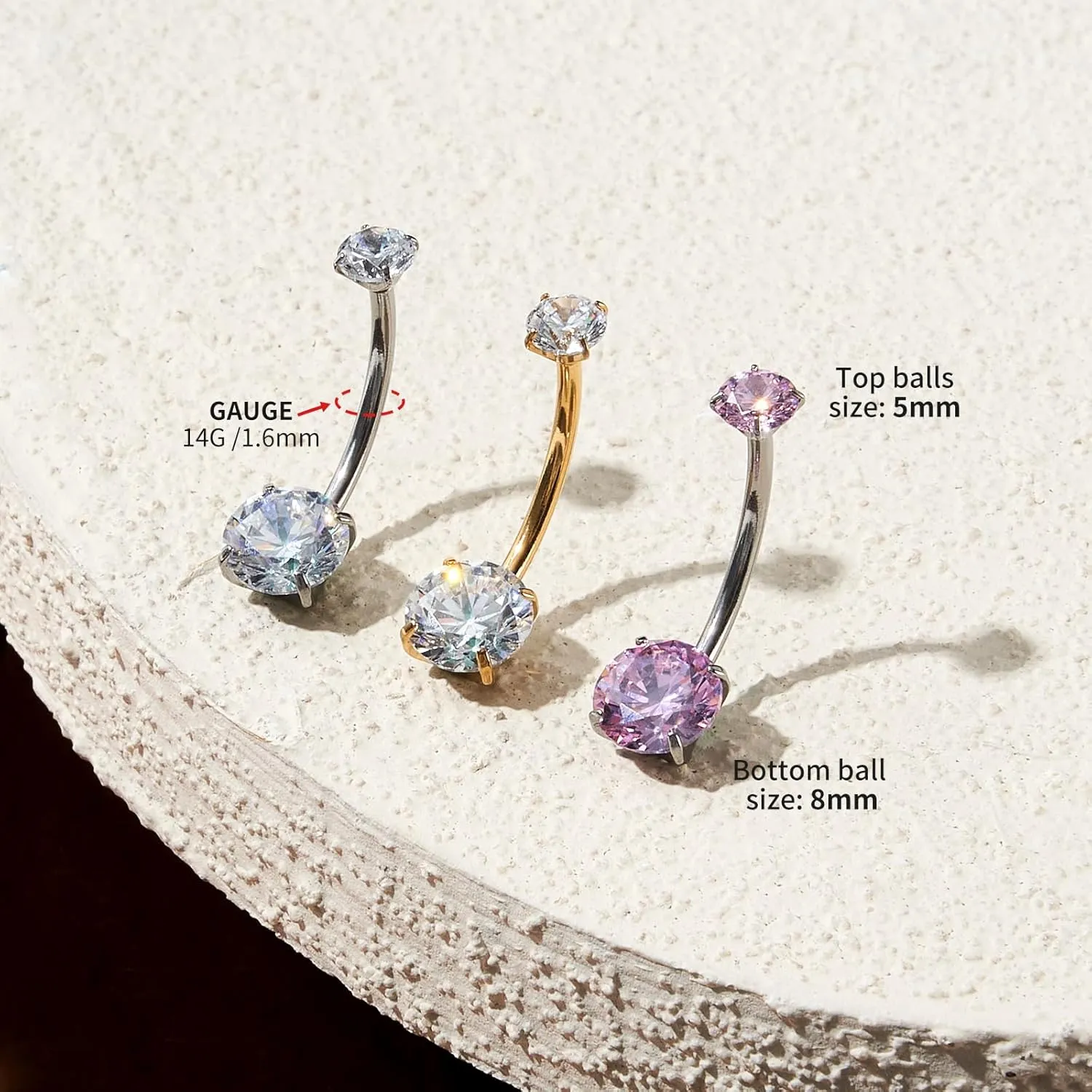 1PC G23 Titanium Belly Button Rings 14G 1.6MM Round Cubic Zirconia Belly Rings 6 Sizes of Length to Choose Navel Barbell Belly Piercing Jewelry for Women