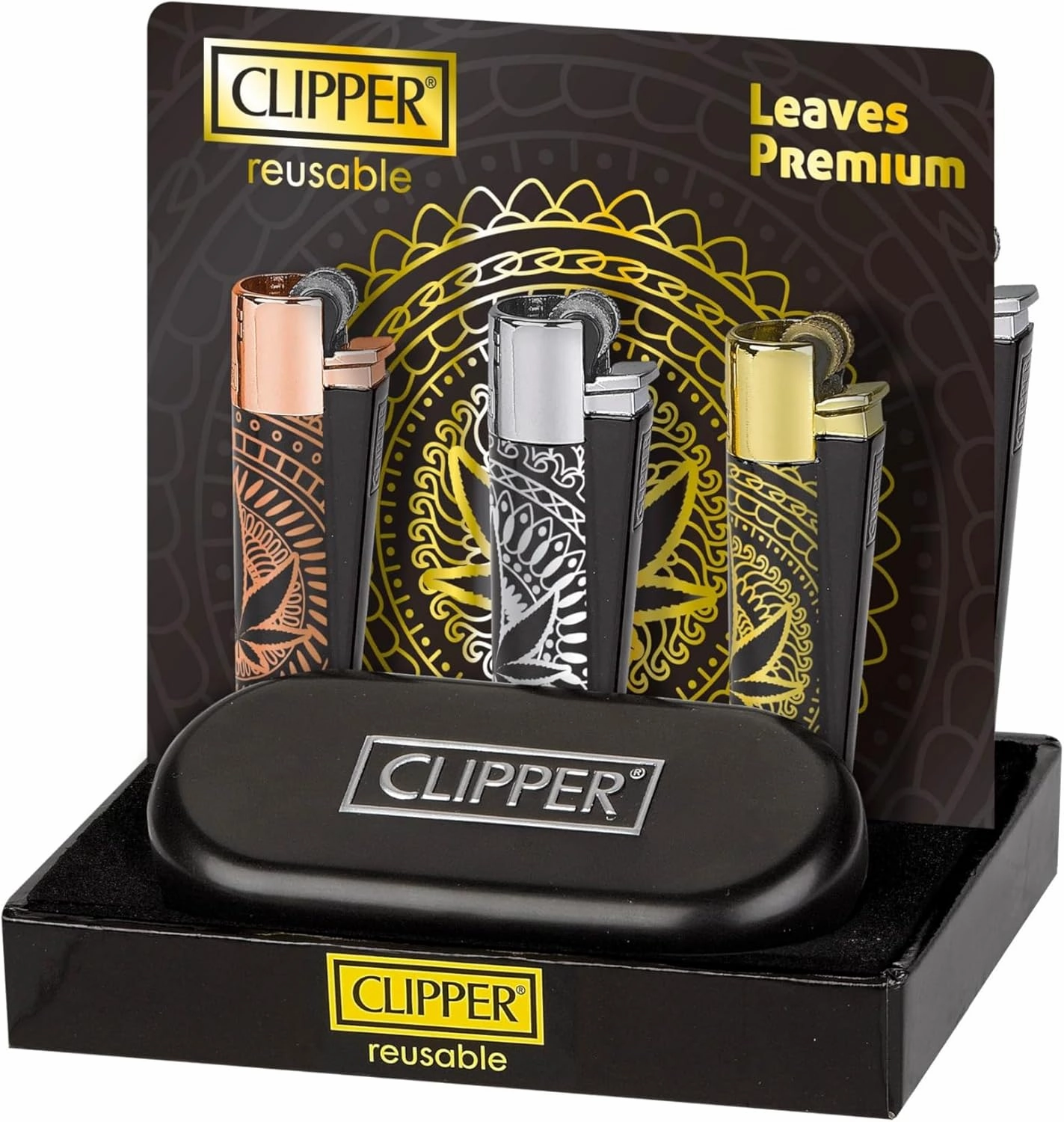 1X Clipper Metal Lighter Large - CP11 (Ship Out 1PC Only Random Color: 1 Gold, Or 1 Rose Gold, Or 1 Silver/Premium Leaves Pattern) Bundles with KATZONE Silicone Sleeve   Extra Flint System
