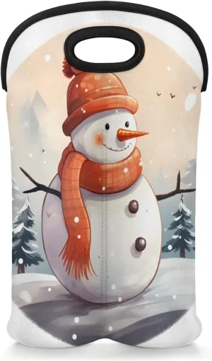 2 Bottles Wine Bag Sleeve Totes Shy Snowman Neoprene Protective Wine Carrier Bag for Wine,Water, Champagne, Beer, Baby Bottles, Gift 14.5 x 10 Inches