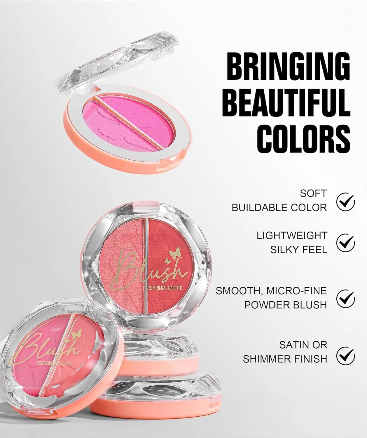 2-in-1 Blendable Trio, Contour and Highlight Blush Makeup Palette, Cream Bronzer, Silky Smooth Powder Blush, Shimmer Highlighter Makeup Powder, Pink Brown Eyeshadow Palette (5 Colors)
