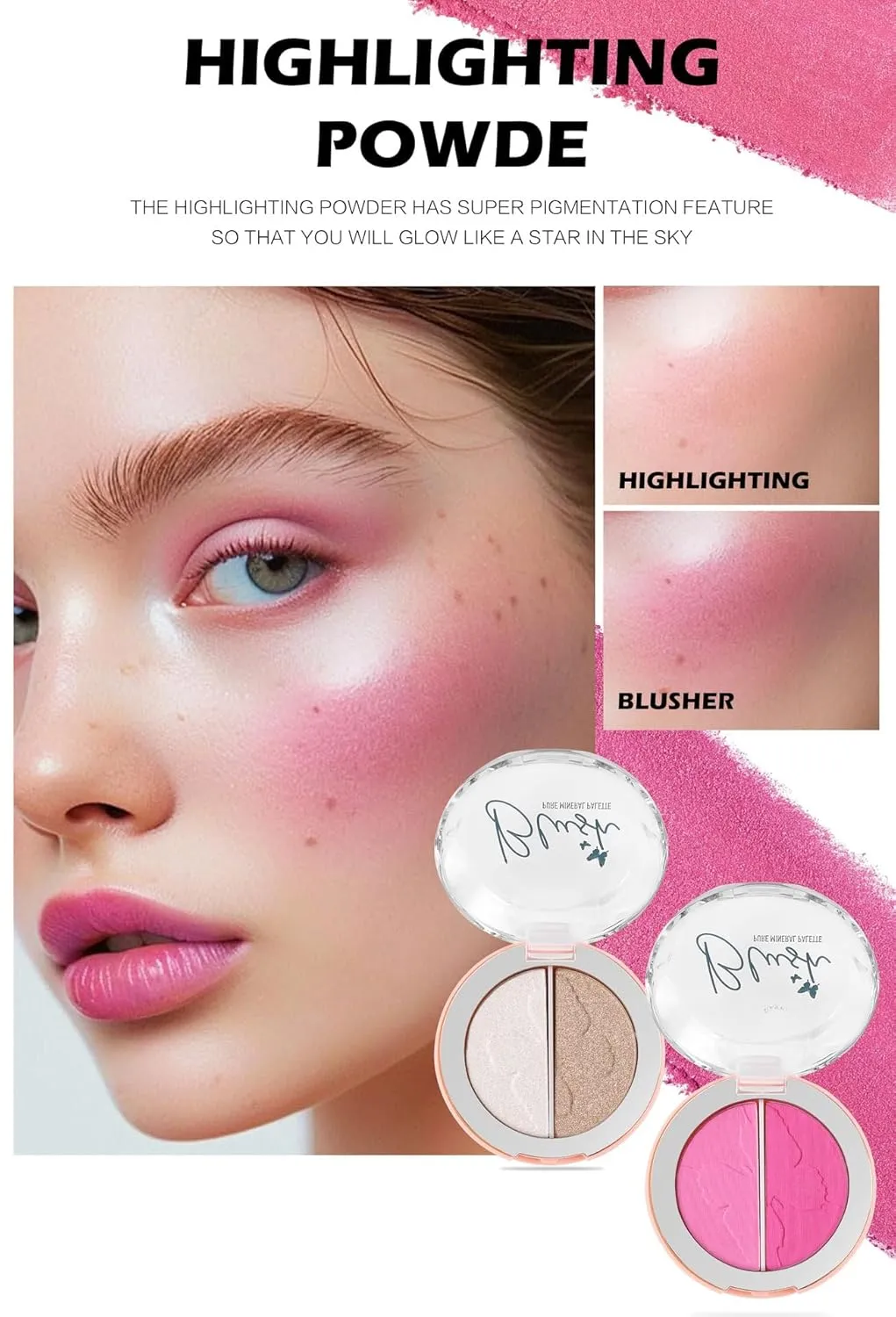 2-in-1 Blendable Trio, Contour and Highlight Blush Makeup Palette, Cream Bronzer, Silky Smooth Powder Blush, Shimmer Highlighter Makeup Powder, Pink Brown Eyeshadow Palette (5 Colors)