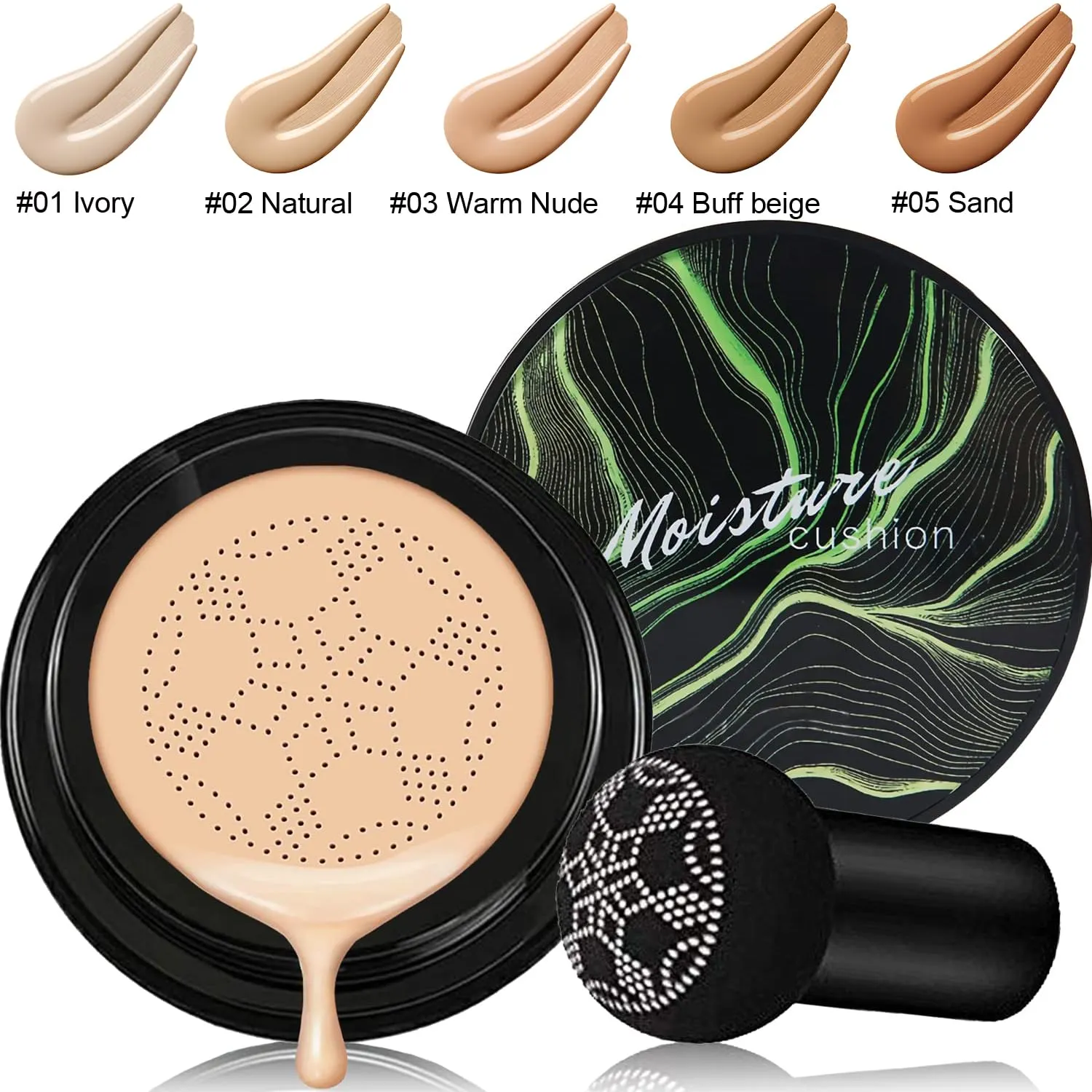 2 PCS Mushroom Head Air Cushion CC Cream Nature Foundation,Foundation Brush Powder Brush,Moisturizing Concealer, Bright Makeup Base Long Lasting with Mushroom Makeup Sponge(#03 Warm Nude)