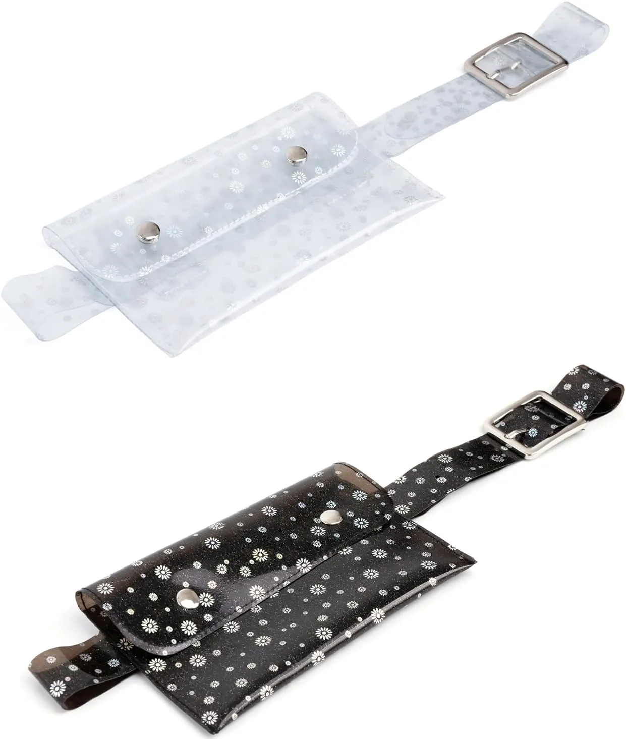 2 Pieces Transparent Shiny Pattern Womens Fanny Pack Belt with Removable Waist Pouch Fashion Belt Bags- Transparent flower black flower