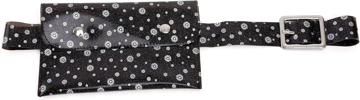 2 Pieces Transparent Shiny Pattern Womens Fanny Pack Belt with Removable Waist Pouch Fashion Belt Bags- Transparent flower black flower