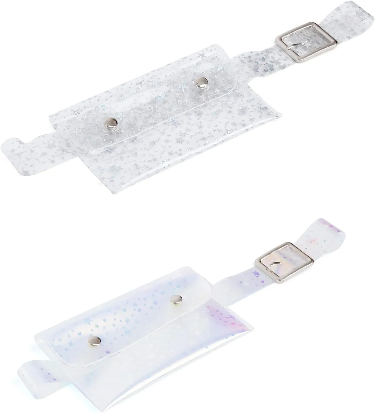 2 Pieces Transparent Shiny Pattern Womens Fanny Pack Belt with Removable Waist Pouch Fashion Belt Bags- Transparent stars white stars