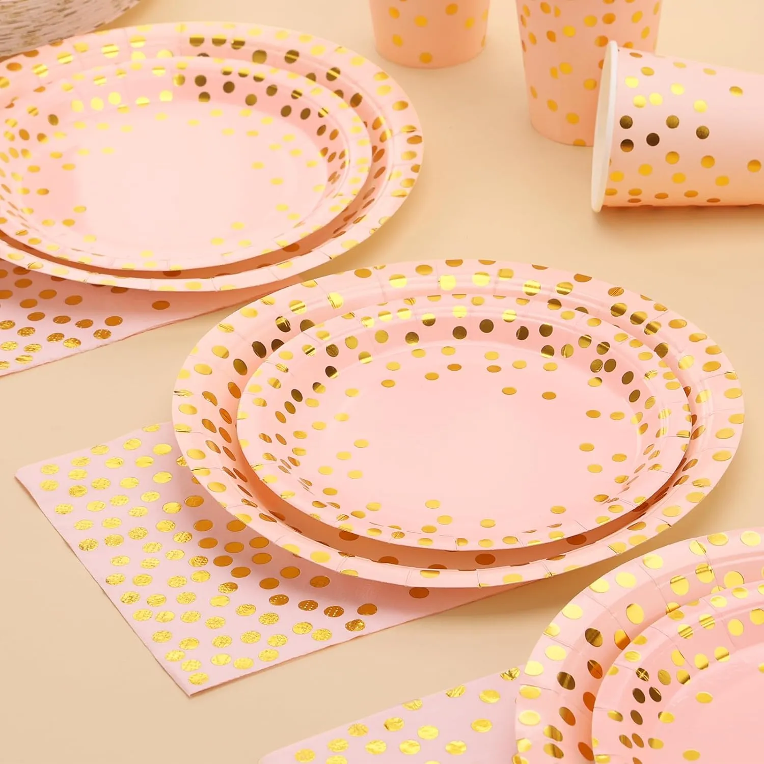 200PCS Pink and Gold Party Supplies,Pink Plates Diaposable with Gold Polka Dots Serve 50 Guests, Paper Plates for Bachelorette Wedding Bridal Shower Birthday Decorations