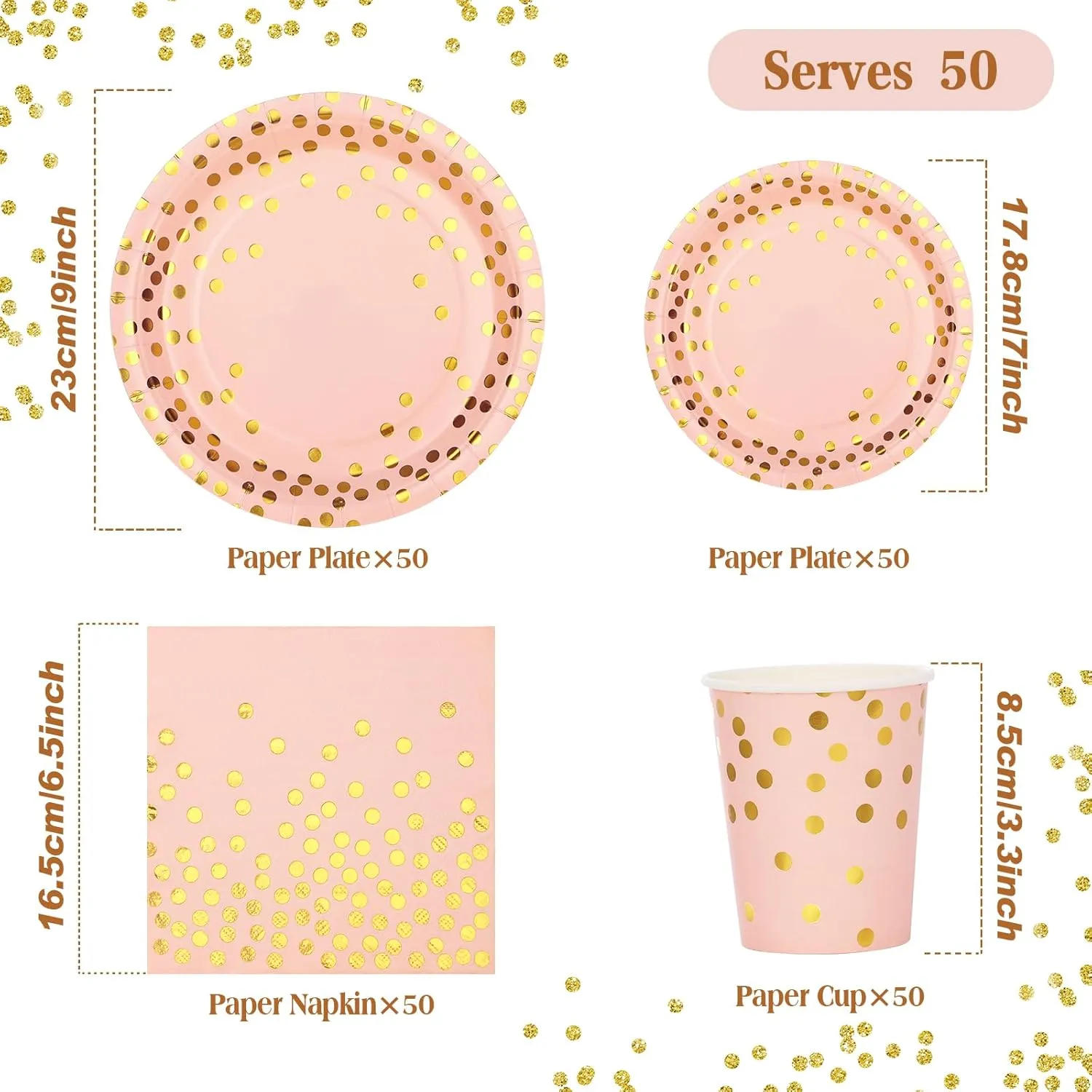 200PCS Pink and Gold Party Supplies,Pink Plates Diaposable with Gold Polka Dots Serve 50 Guests, Paper Plates for Bachelorette Wedding Bridal Shower Birthday Decorations