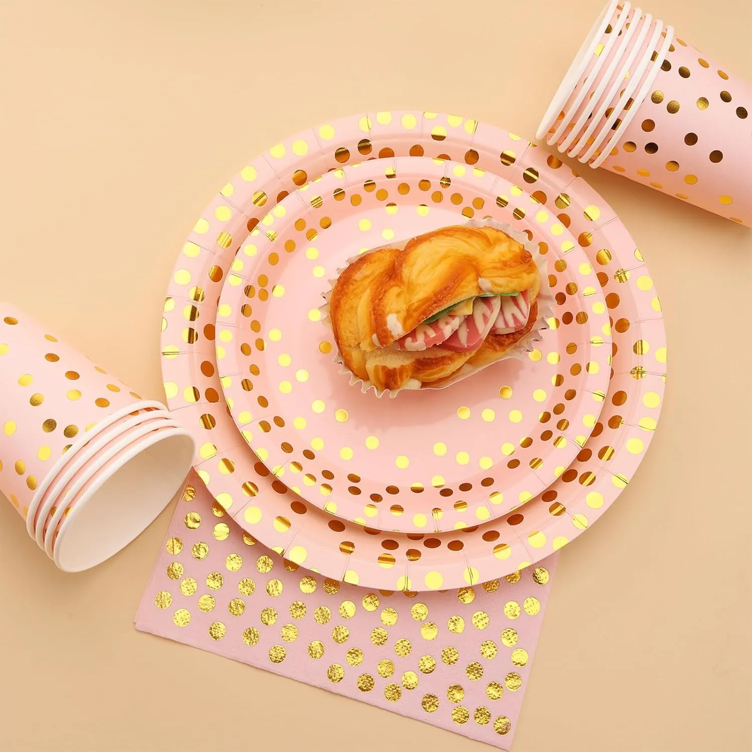 200PCS Pink and Gold Party Supplies,Pink Plates Diaposable with Gold Polka Dots Serve 50 Guests, Paper Plates for Bachelorette Wedding Bridal Shower Birthday Decorations