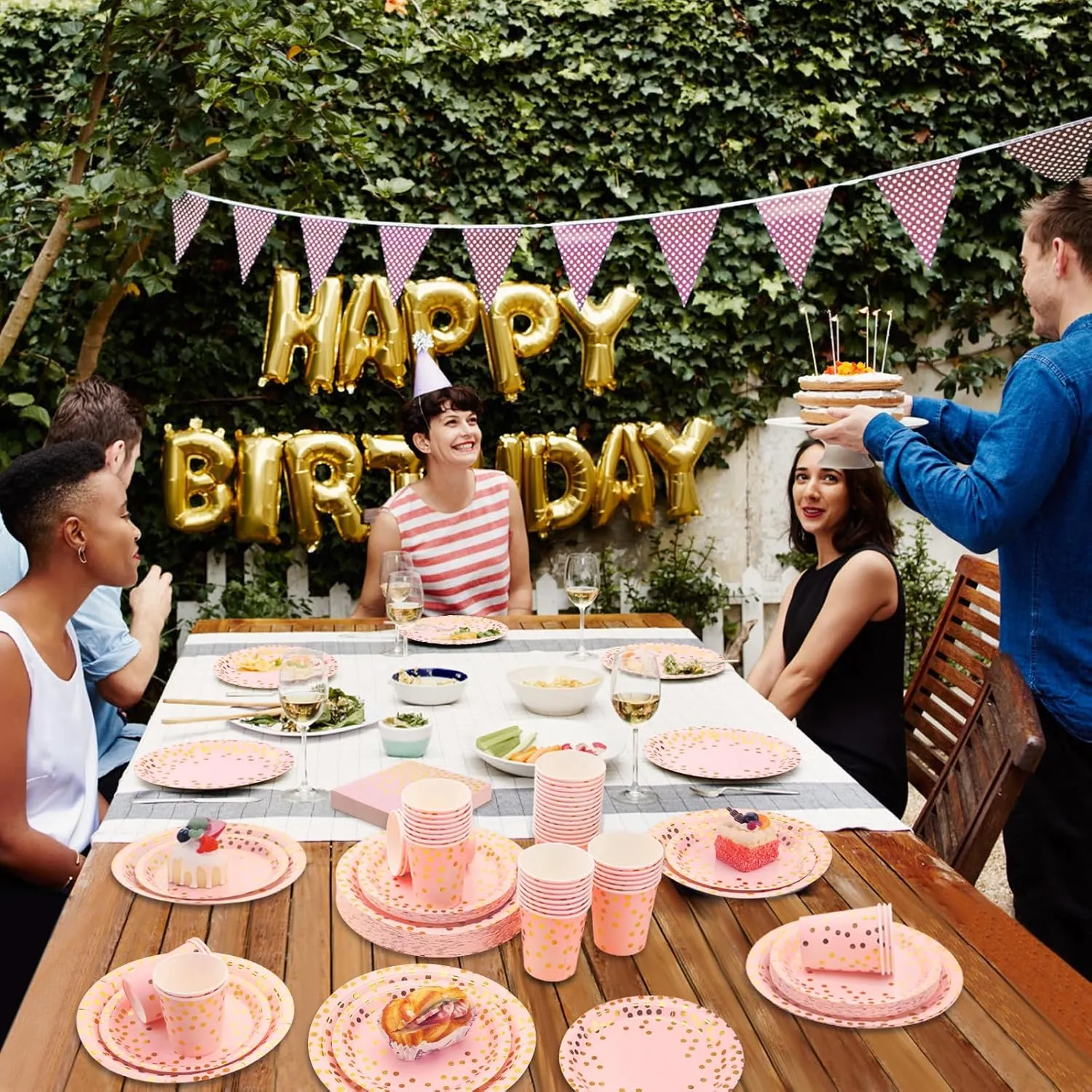 200PCS Pink and Gold Party Supplies,Pink Plates Diaposable with Gold Polka Dots Serve 50 Guests, Paper Plates for Bachelorette Wedding Bridal Shower Birthday Decorations