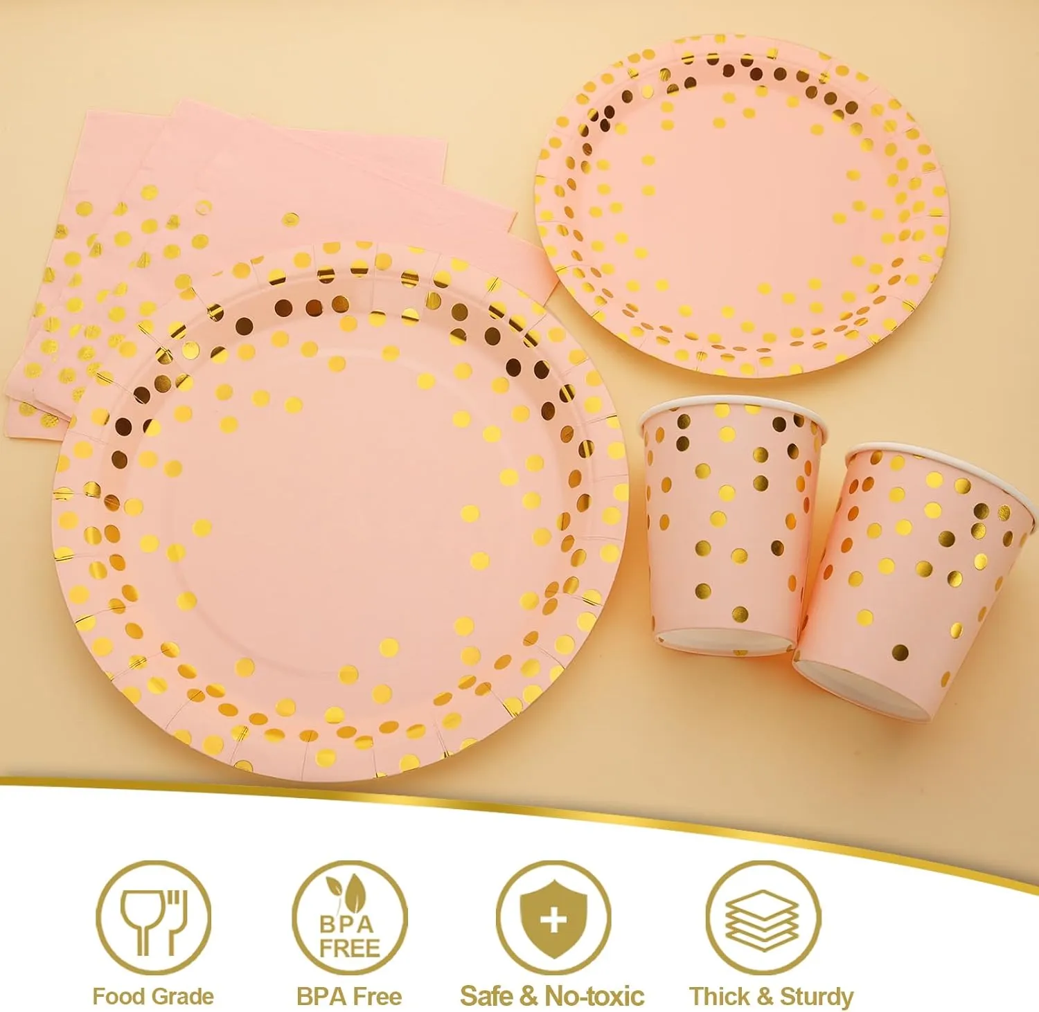 200PCS Pink and Gold Party Supplies,Pink Plates Diaposable with Gold Polka Dots Serve 50 Guests, Paper Plates for Bachelorette Wedding Bridal Shower Birthday Decorations