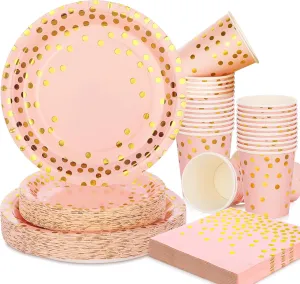 200PCS Pink and Gold Party Supplies,Pink Plates Diaposable with Gold Polka Dots Serve 50 Guests, Paper Plates for Bachelorette Wedding Bridal Shower Birthday Decorations