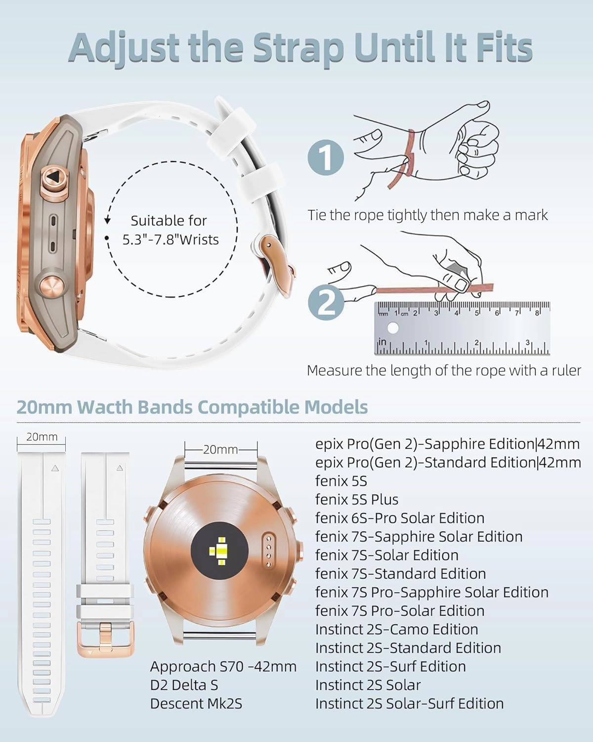 20mm Soft Silicone Strap for Garmin fenix 5S/5S Plus/6S/7S/Instinct 2S/D2, Quick with Rose Gold Buckle Breathable Waterproof Wristband Accessory