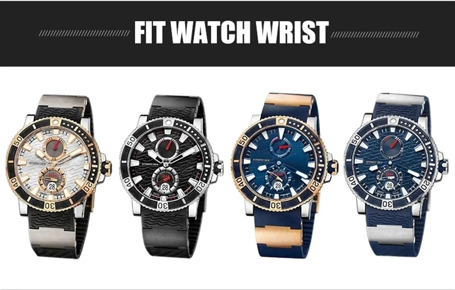 22mm Silicone Rubber Watchbands Fit，For Ulysse Nardin Diver Silver Rose Gold Folding Buckle Black Blue Watch Strap