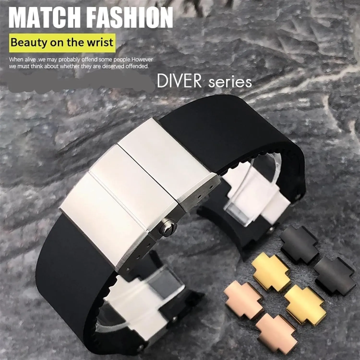 22mm Silicone Rubber Watchbands Fit，For Ulysse Nardin Diver Silver Rose Gold Folding Buckle Black Blue Watch Strap