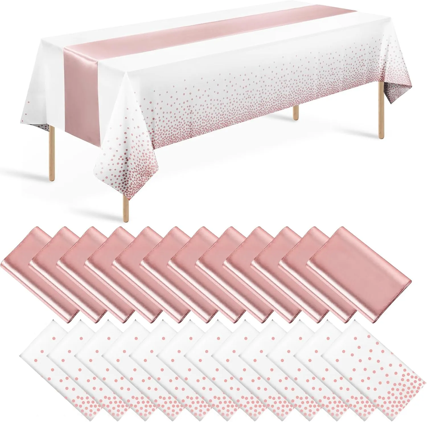 24 Pack Rose Gold Tablecloth and Table Runner Set Party Decorations, White and Rose Gold Plastic Disposable Tablecloth and Satin Table Runner for Wedding Birthday Bridal Graduation Anniversary Party