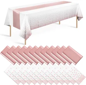 24 Pack Rose Gold Tablecloth and Table Runner Set Party Decorations, White and Rose Gold Plastic Disposable Tablecloth and Satin Table Runner for Wedding Birthday Bridal Graduation Anniversary Party