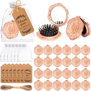 24 Set Rose Compact Mirrors Combs Bulk Wedding Party Favors for Guests, Portable Purse Travel Mirrors Hair Brush Set with Thank You Tag Organza Bag, for Quinceanera Bachelorette Bridal Gift Souvenirs