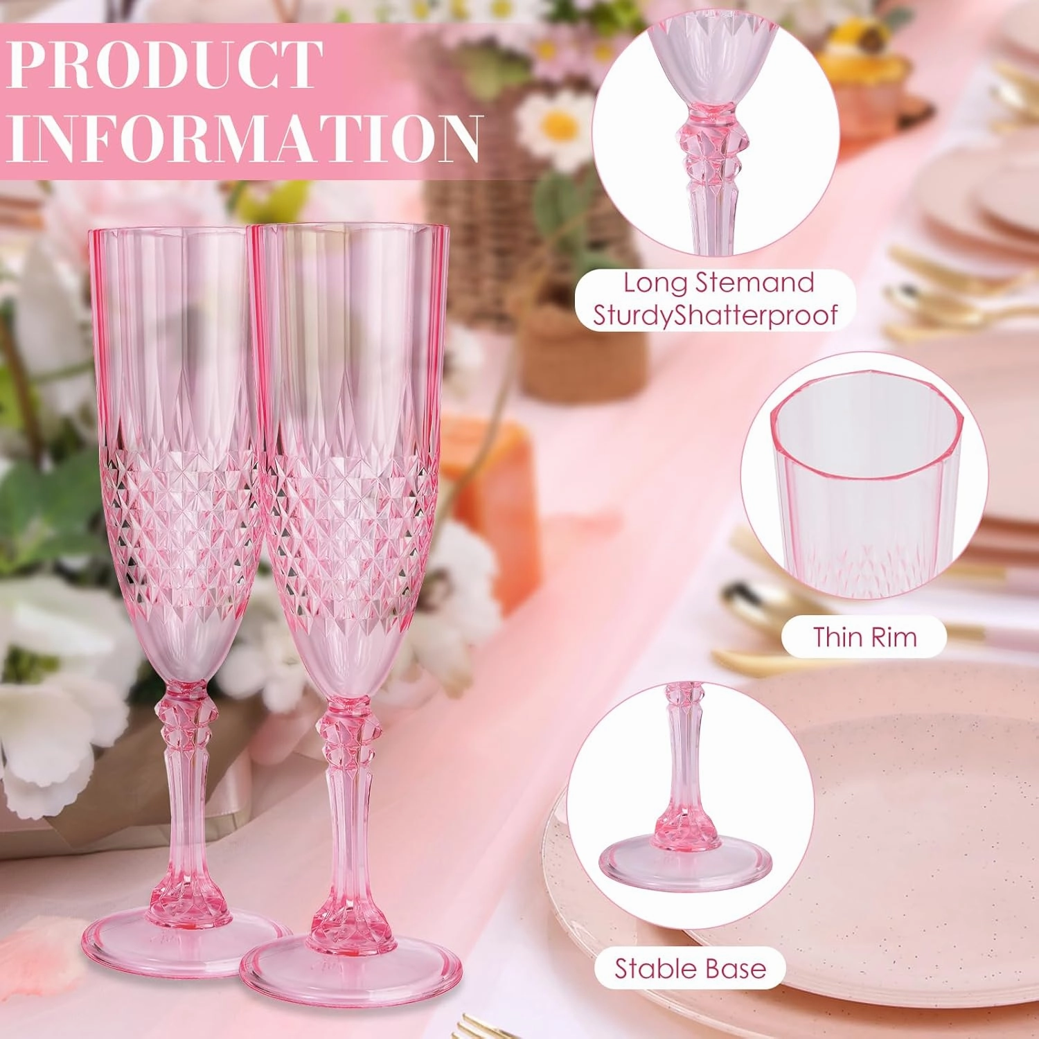 24 Pcs Pink Plastic Champagne Flutes,Pink Champagne Glasses Bulk, Made of Durable Plastic Material Can be Used for Weddings, Everyday Fun Parties and More!