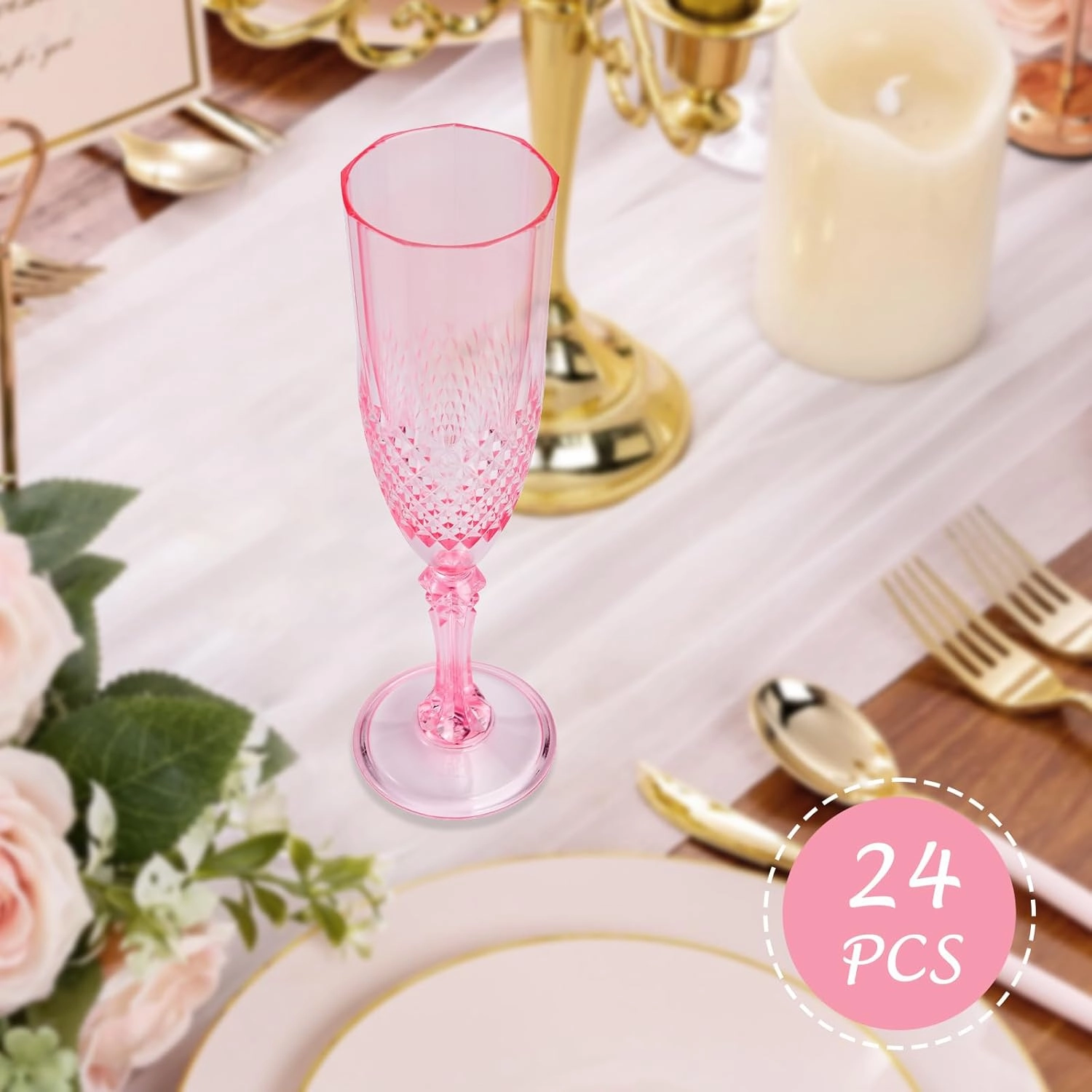 24 Pcs Pink Plastic Champagne Flutes,Pink Champagne Glasses Bulk, Made of Durable Plastic Material Can be Used for Weddings, Everyday Fun Parties and More!