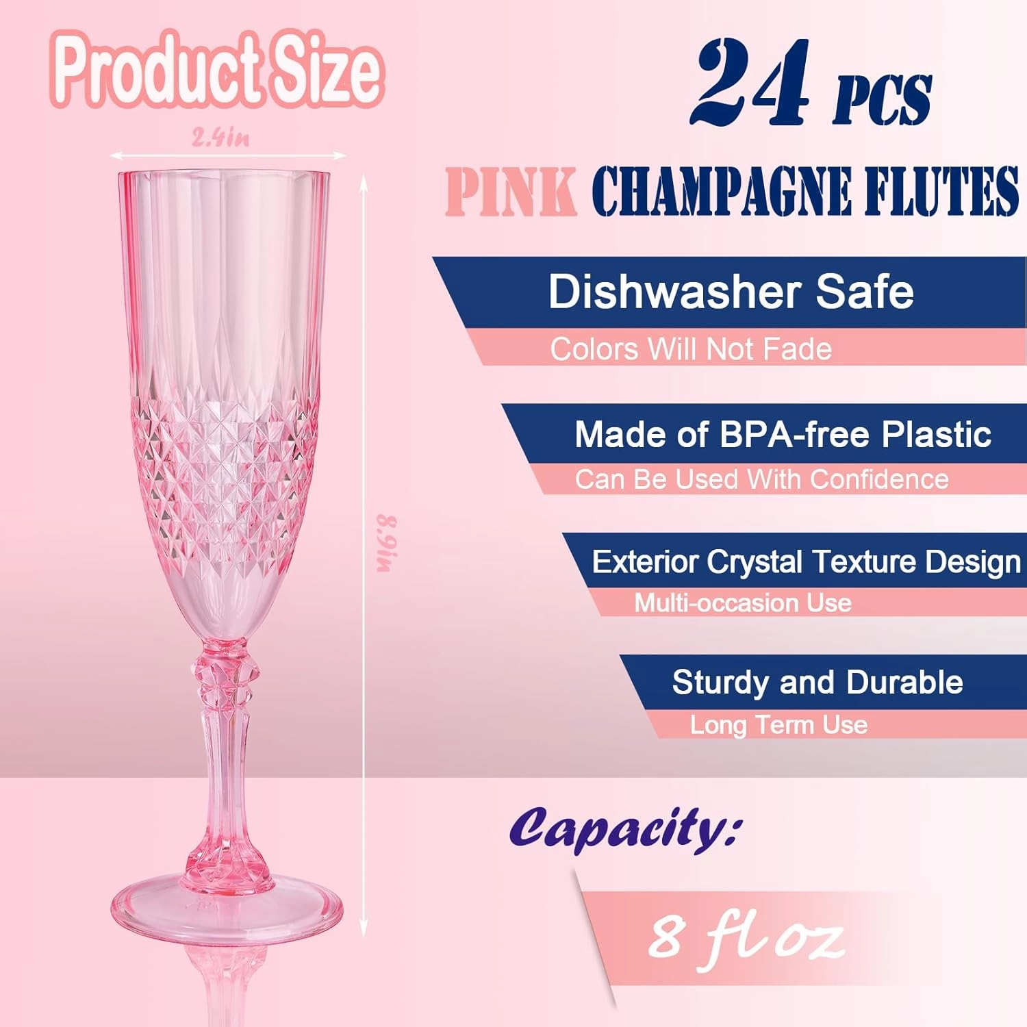 24 Pcs Pink Plastic Champagne Flutes,Pink Champagne Glasses Bulk, Made of Durable Plastic Material Can be Used for Weddings, Everyday Fun Parties and More!