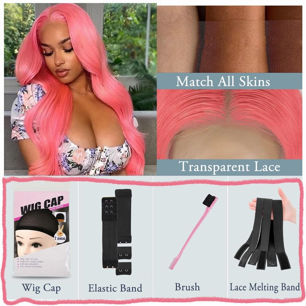 26 Inch Pink Lace Front Wig 13x4 HD Lace Pink Body Wave Wig Human Hair Pre Plucked Colored Body Wave Wig Human Hair For Women 150% Density Strawberry Body Wave Lace Front Wig