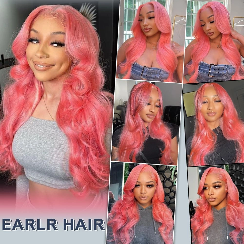 26 Inch Pink Lace Front Wig 13x4 HD Lace Pink Body Wave Wig Human Hair Pre Plucked Colored Body Wave Wig Human Hair For Women 150% Density Strawberry Body Wave Lace Front Wig