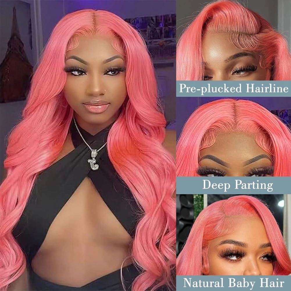 26 Inch Pink Lace Front Wig 13x4 HD Lace Pink Body Wave Wig Human Hair Pre Plucked Colored Body Wave Wig Human Hair For Women 150% Density Strawberry Body Wave Lace Front Wig
