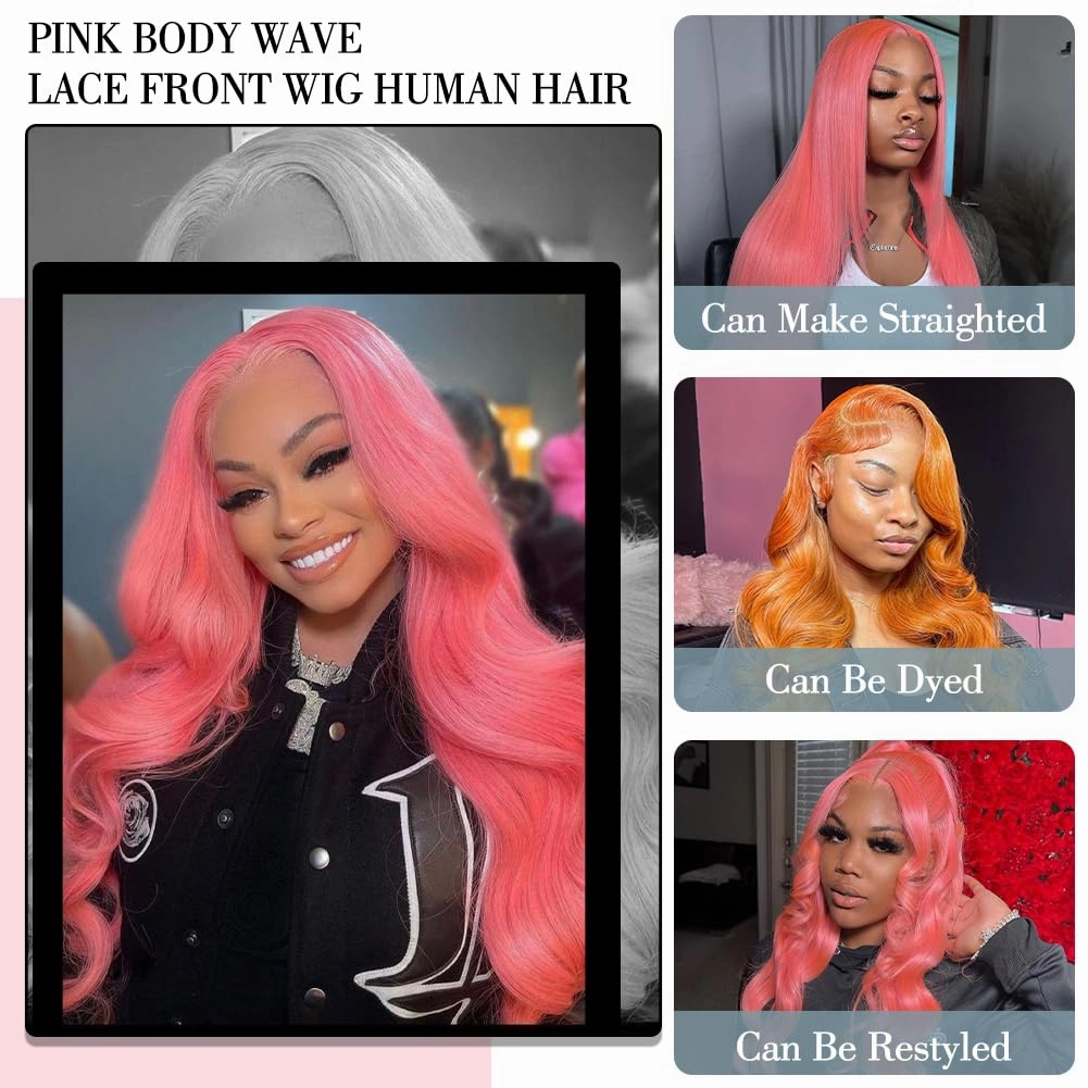 26 Inch Pink Lace Front Wig 13x4 HD Lace Pink Body Wave Wig Human Hair Pre Plucked Colored Body Wave Wig Human Hair For Women 150% Density Strawberry Body Wave Lace Front Wig