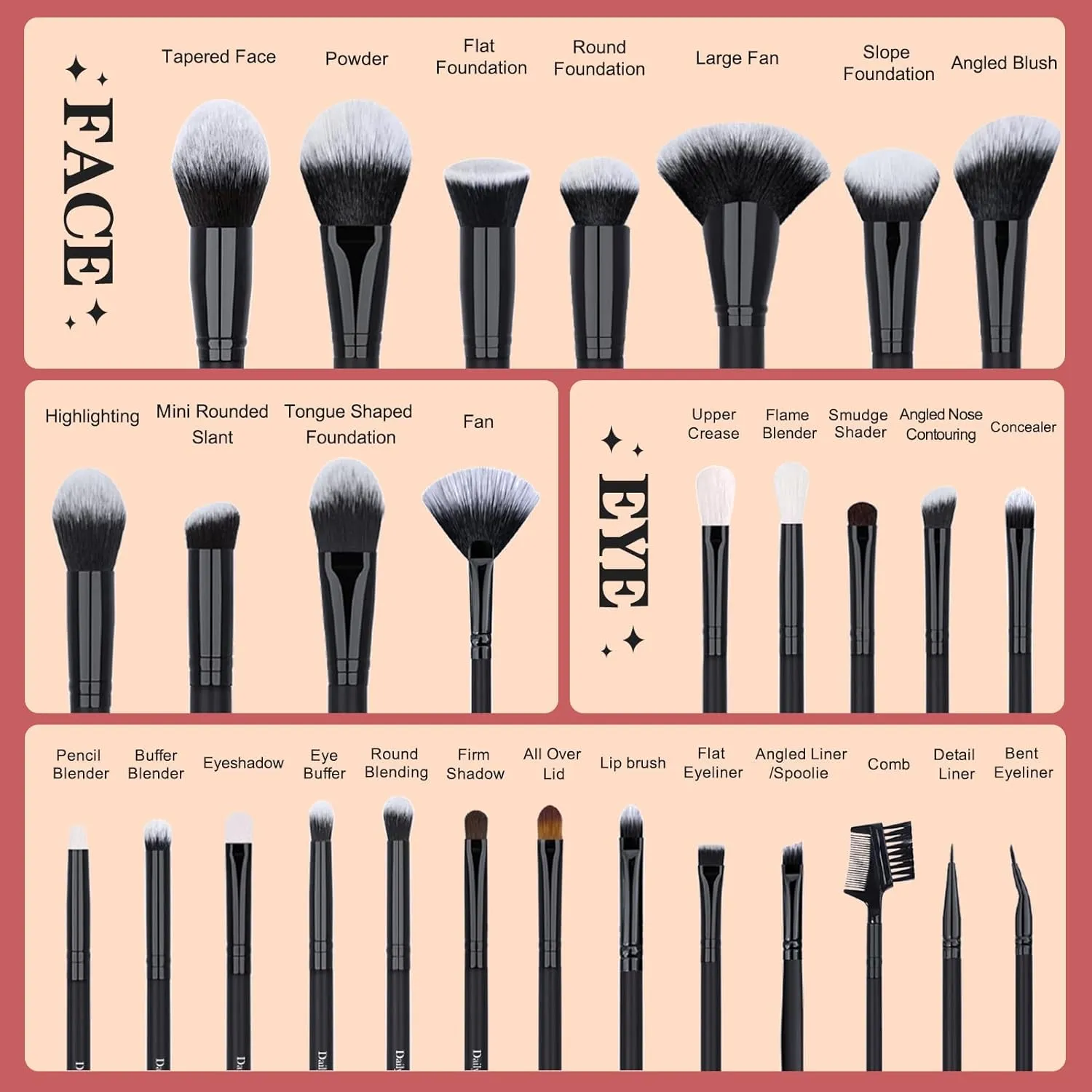 29pcs Black Professional Makeup Brush Set Kabuki Powder Concealers Eye shadows Blush Eyeliner Eyebrow Contour Eye blending Brushes